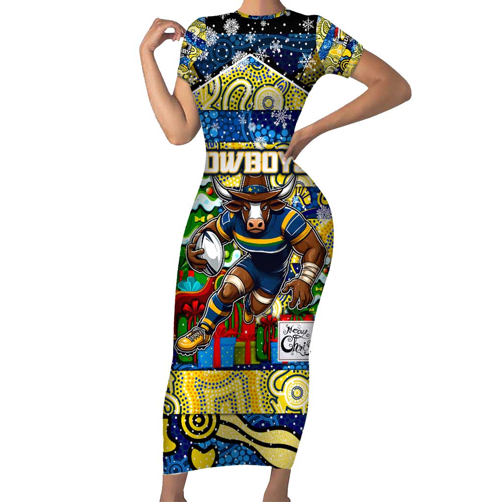 Custom Cowboys Rugby Merry Christmas Short Sleeve Bodycon Dress Indigenous Australian Art