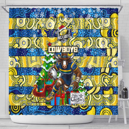 Cowboys Rugby Merry Christmas Shower Curtain Indigenous Australian Art
