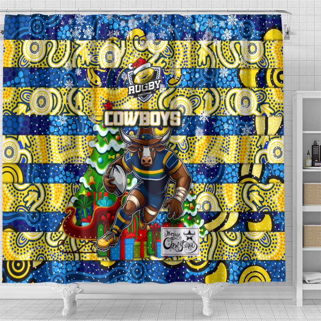 Cowboys Rugby Merry Christmas Shower Curtain Indigenous Australian Art