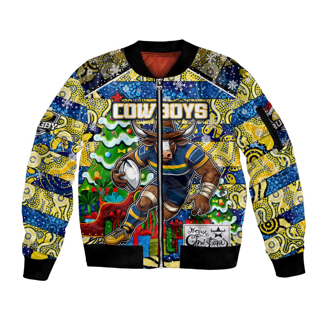 Custom Cowboys Rugby Merry Christmas Sleeve Zip Bomber Jacket Indigenous Australian Art