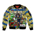 Custom Cowboys Rugby Merry Christmas Sleeve Zip Bomber Jacket Indigenous Australian Art