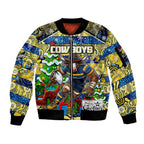 Custom Cowboys Rugby Merry Christmas Sleeve Zip Bomber Jacket Indigenous Australian Art