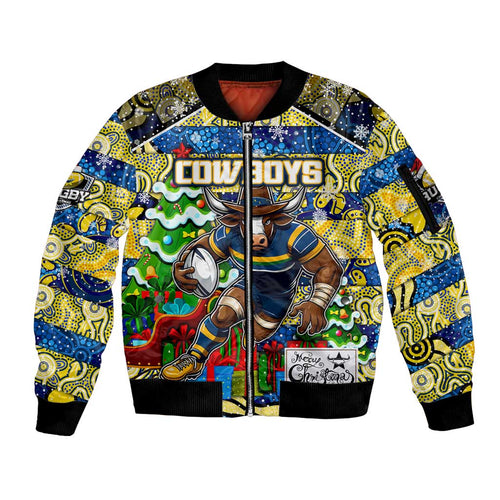 Custom Cowboys Rugby Merry Christmas Sleeve Zip Bomber Jacket Indigenous Australian Art
