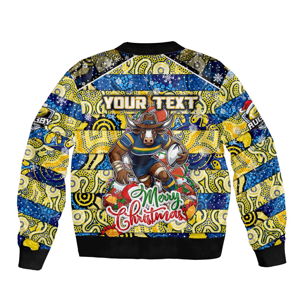Custom Cowboys Rugby Merry Christmas Sleeve Zip Bomber Jacket Indigenous Australian Art