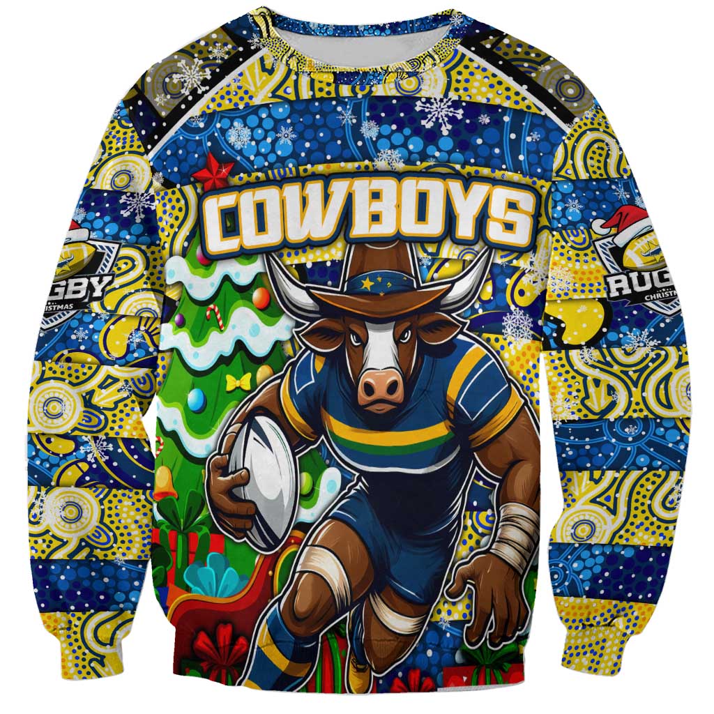 Custom Cowboys Rugby Merry Christmas Sweatshirt Indigenous Australian Art