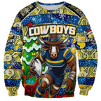 Custom Cowboys Rugby Merry Christmas Sweatshirt Indigenous Australian Art