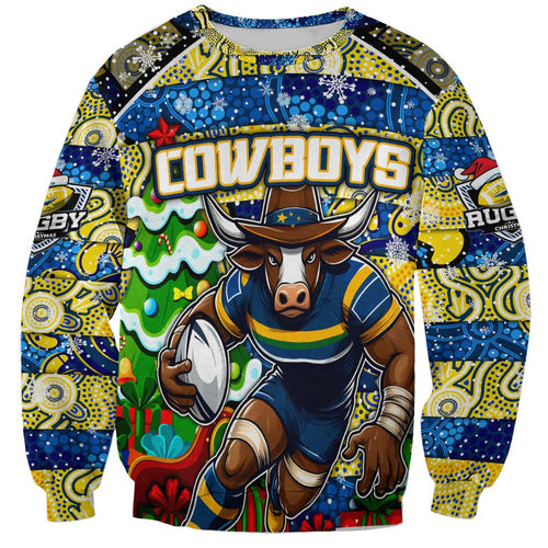 Custom Cowboys Rugby Merry Christmas Sweatshirt Indigenous Australian Art