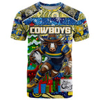 Custom Cowboys Rugby Merry Christmas T Shirt Indigenous Australian Art
