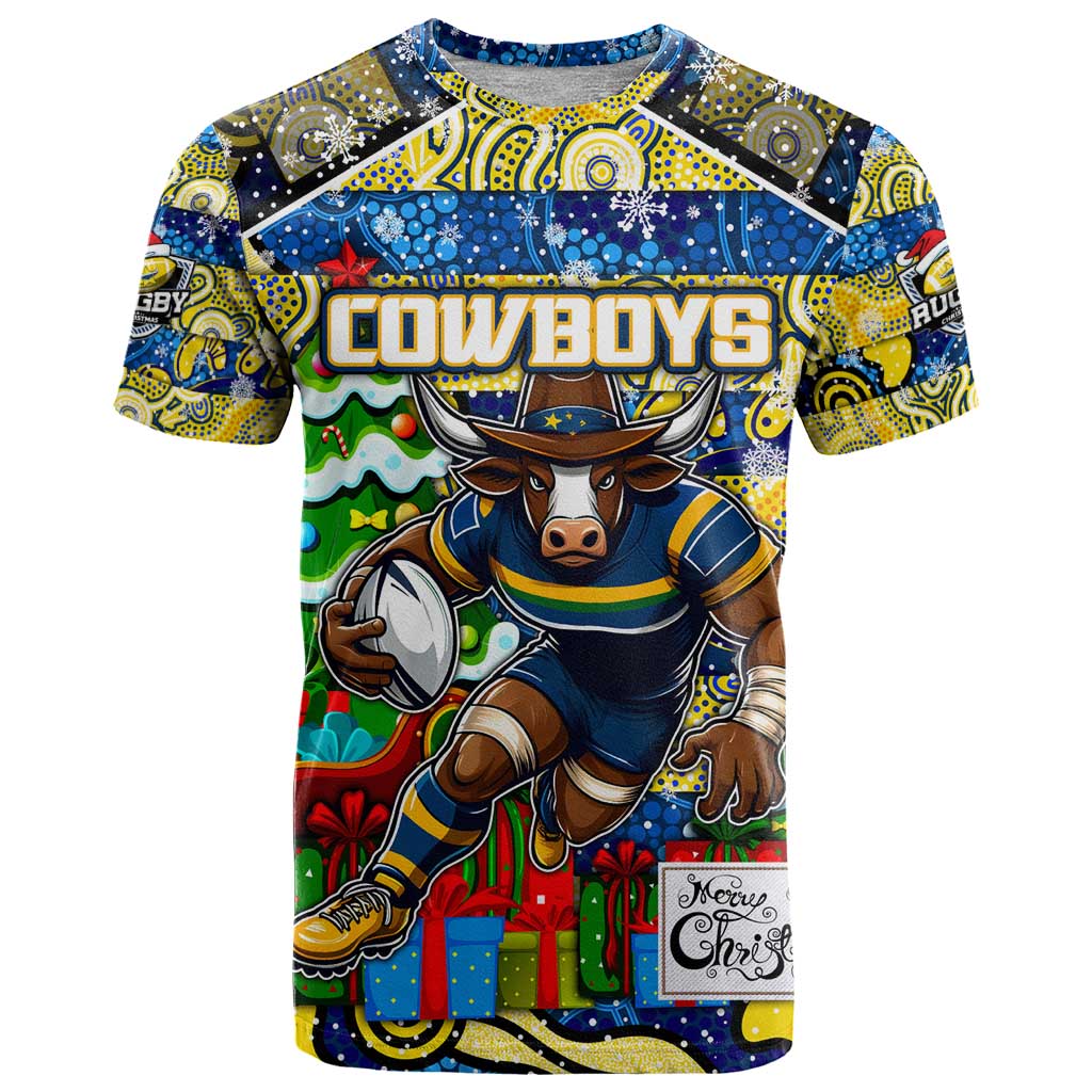 Custom Cowboys Rugby Merry Christmas T Shirt Indigenous Australian Art