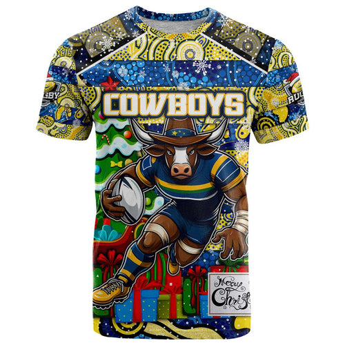 Custom Cowboys Rugby Merry Christmas T Shirt Indigenous Australian Art