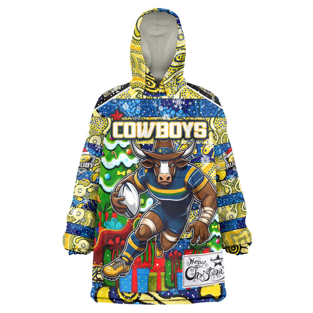 Custom Cowboys Rugby Merry Christmas Wearable Blanket Hoodie Indigenous Australian Art