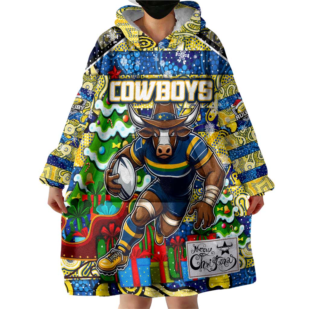 Custom Cowboys Rugby Merry Christmas Wearable Blanket Hoodie Indigenous Australian Art