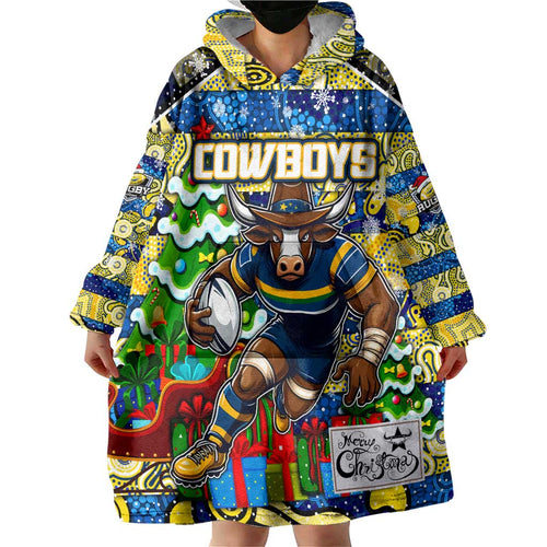 Custom Cowboys Rugby Merry Christmas Wearable Blanket Hoodie Indigenous Australian Art