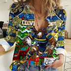 Custom Cowboys Rugby Merry Christmas Women Casual Shirt Indigenous Australian Art