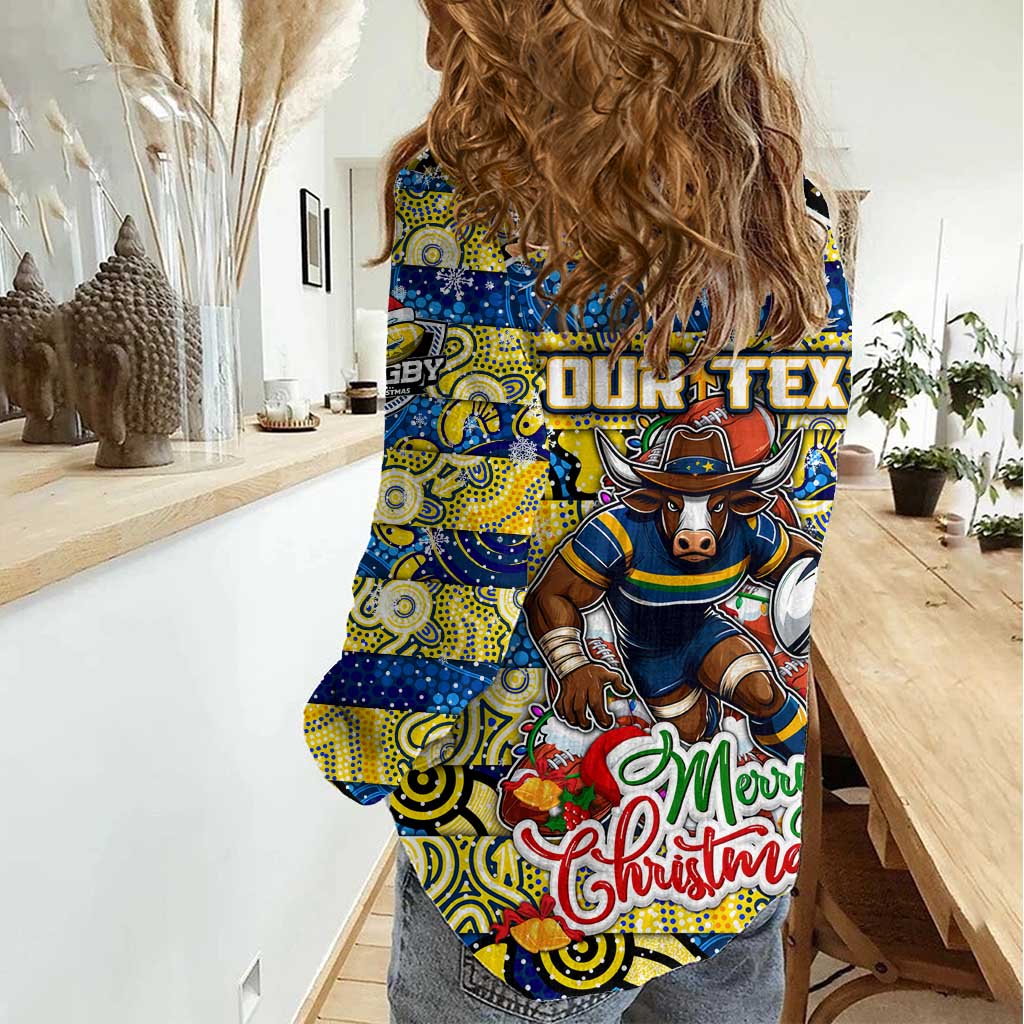 Custom Cowboys Rugby Merry Christmas Women Casual Shirt Indigenous Australian Art