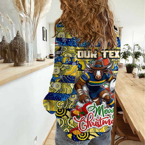 Custom Cowboys Rugby Merry Christmas Women Casual Shirt Indigenous Australian Art