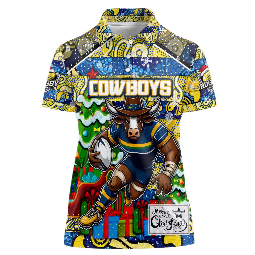 Custom Cowboys Rugby Merry Christmas Women Polo Shirt Indigenous Australian Art