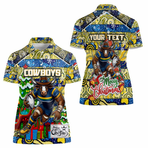 Custom Cowboys Rugby Merry Christmas Women Polo Shirt Indigenous Australian Art