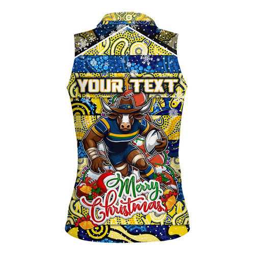 Custom Cowboys Rugby Merry Christmas Women Sleeveless Polo Shirt Indigenous Australian Art