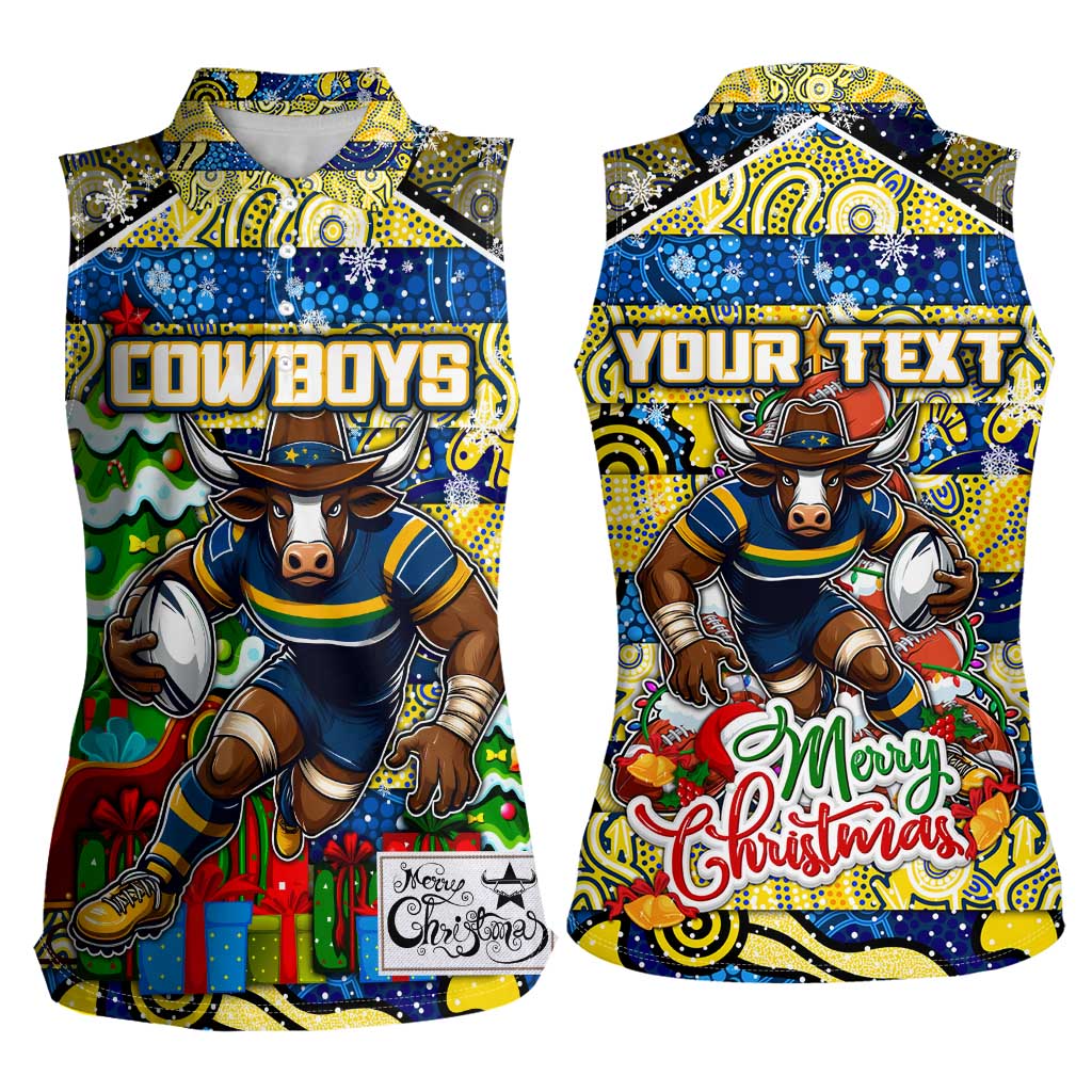 Custom Cowboys Rugby Merry Christmas Women Sleeveless Polo Shirt Indigenous Australian Art