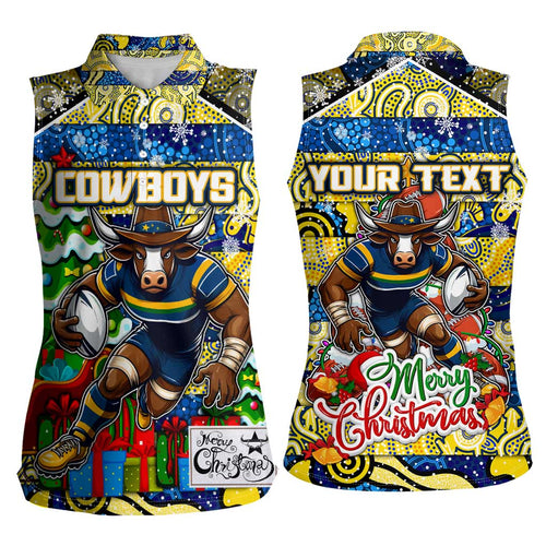 Custom Cowboys Rugby Merry Christmas Women Sleeveless Polo Shirt Indigenous Australian Art