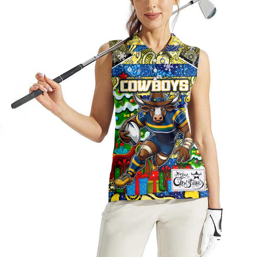 Custom Cowboys Rugby Merry Christmas Women Sleeveless Polo Shirt Indigenous Australian Art