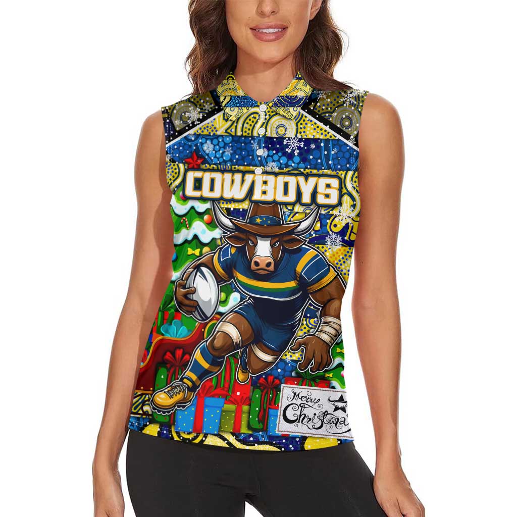 Custom Cowboys Rugby Merry Christmas Women Sleeveless Polo Shirt Indigenous Australian Art