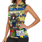 Custom Cowboys Rugby Merry Christmas Women Sleeveless Polo Shirt Indigenous Australian Art