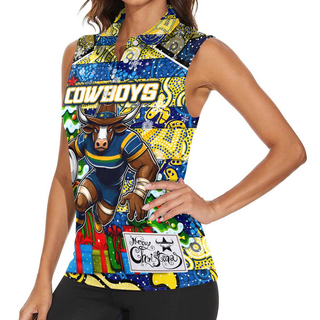 Custom Cowboys Rugby Merry Christmas Women Sleeveless Polo Shirt Indigenous Australian Art
