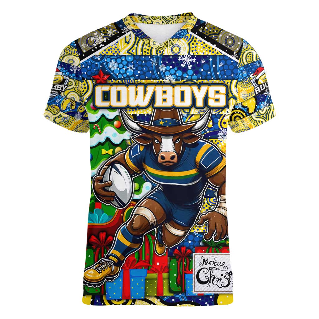 Custom Cowboys Rugby Merry Christmas Women V-Neck T-Shirt Indigenous Australian Art