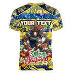 Custom Cowboys Rugby Merry Christmas Women V-Neck T-Shirt Indigenous Australian Art