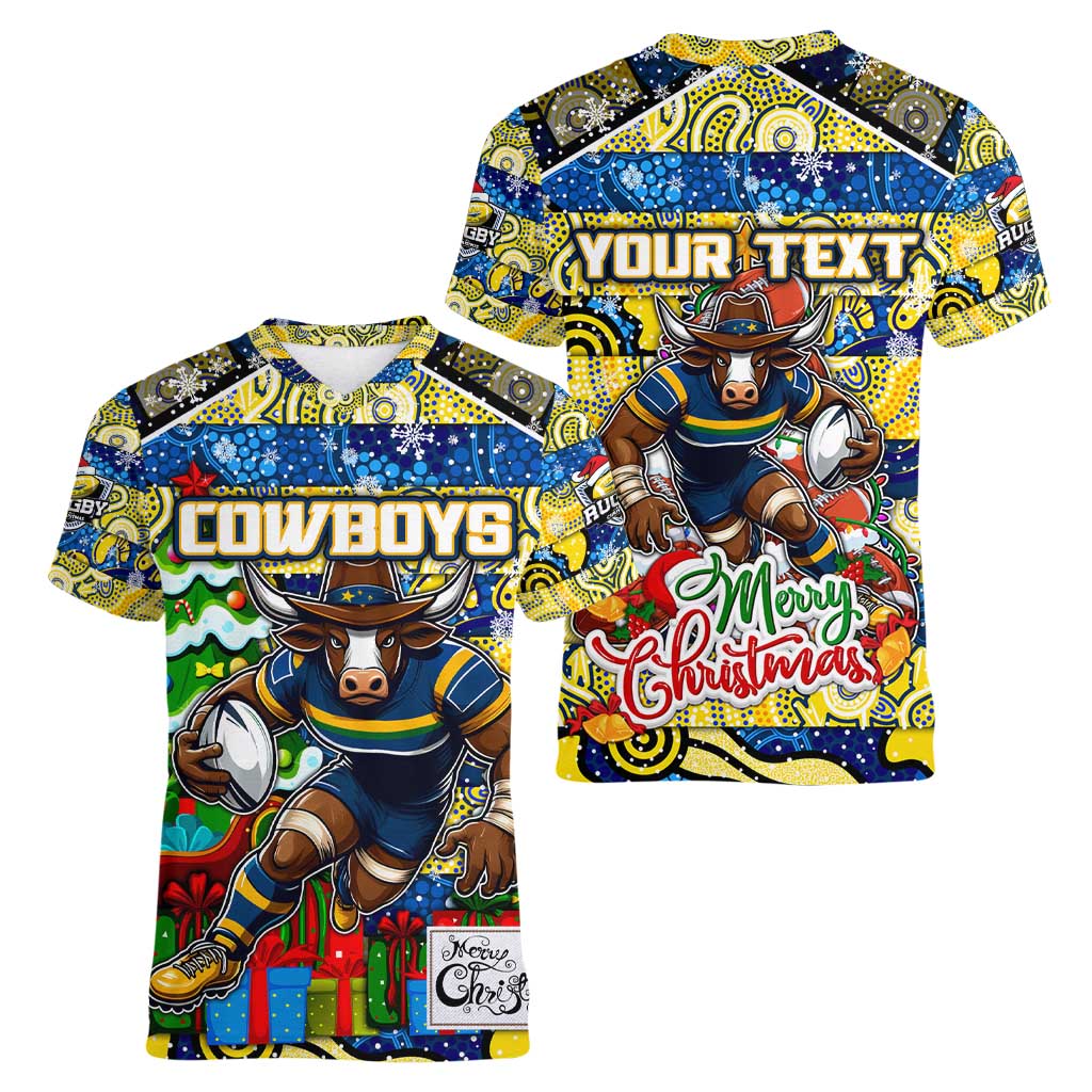 Custom Cowboys Rugby Merry Christmas Women V-Neck T-Shirt Indigenous Australian Art