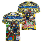 Custom Cowboys Rugby Merry Christmas Women V-Neck T-Shirt Indigenous Australian Art