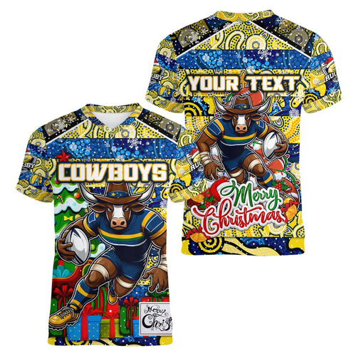 Custom Cowboys Rugby Merry Christmas Women V-Neck T-Shirt Indigenous Australian Art