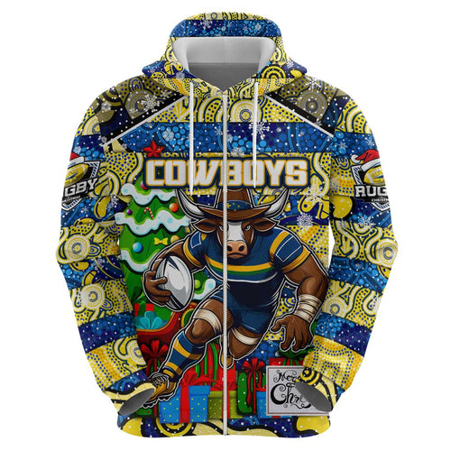 Custom Cowboys Rugby Merry Christmas Zip Hoodie Indigenous Australian Art