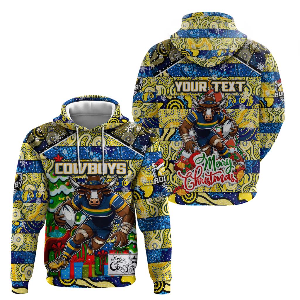Custom Cowboys Rugby Merry Christmas Zip Hoodie Indigenous Australian Art