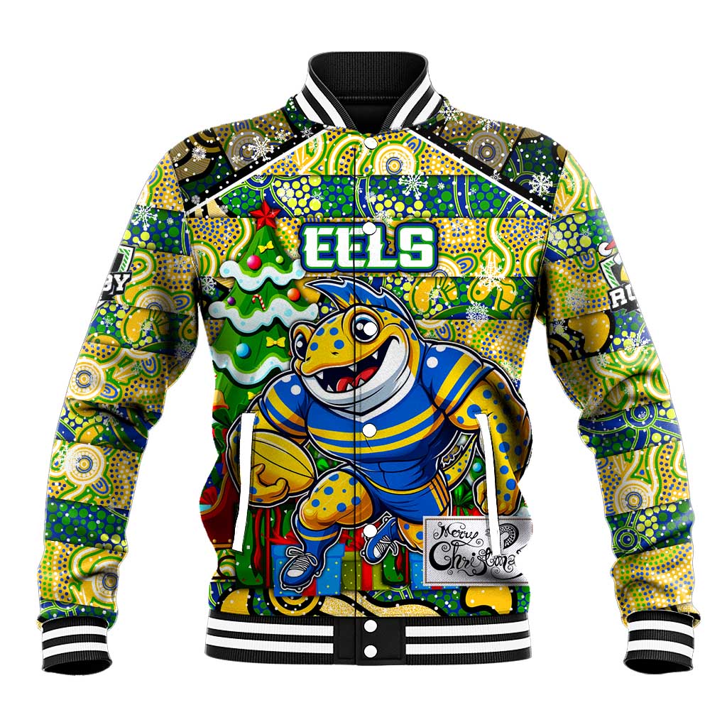 Custom Eels Rugby Merry Christmas Baseball Jacket Indigenous Australian Art