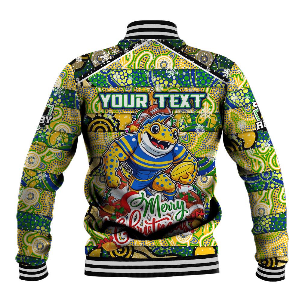 Custom Eels Rugby Merry Christmas Baseball Jacket Indigenous Australian Art