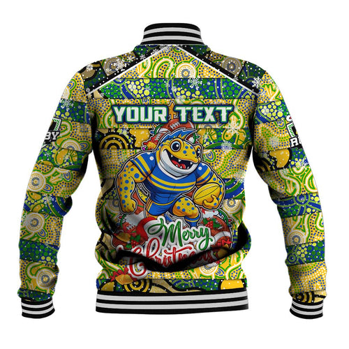Custom Eels Rugby Merry Christmas Baseball Jacket Indigenous Australian Art