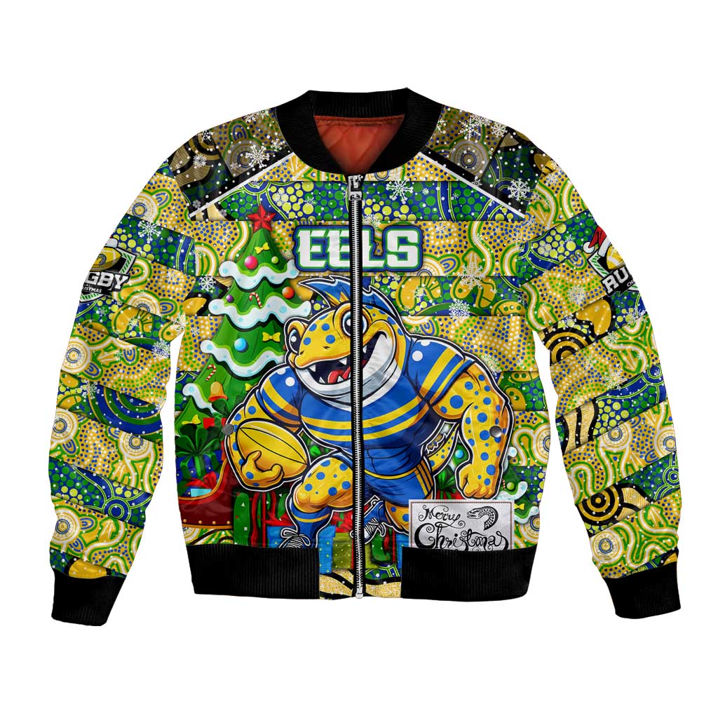 Custom Eels Rugby Merry Christmas Bomber Jacket Indigenous Australian Art