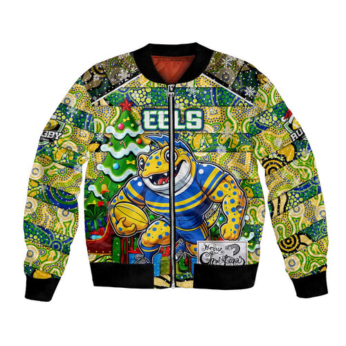 Custom Eels Rugby Merry Christmas Bomber Jacket Indigenous Australian Art
