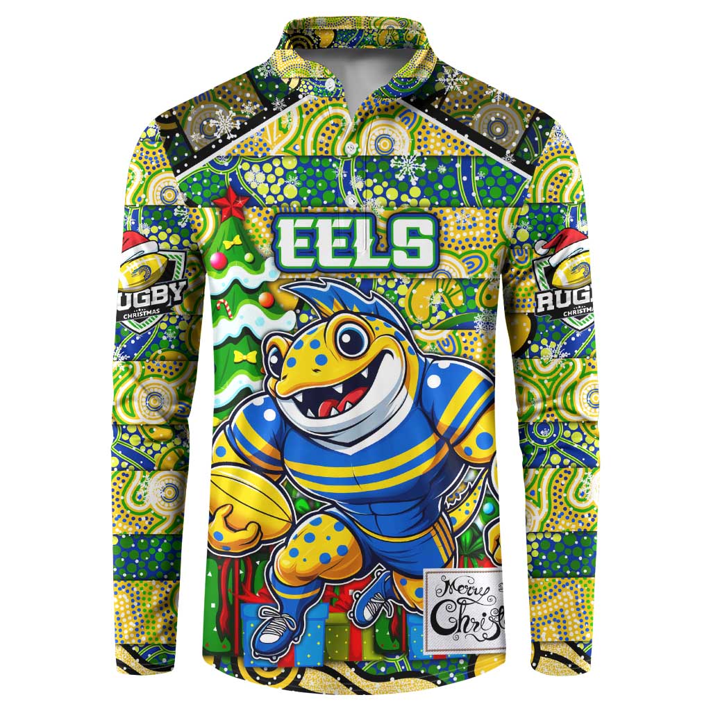 Custom Eels Rugby Merry Christmas Button Sweatshirt Indigenous Australian Art