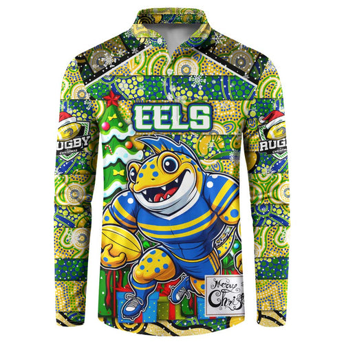 Custom Eels Rugby Merry Christmas Button Sweatshirt Indigenous Australian Art