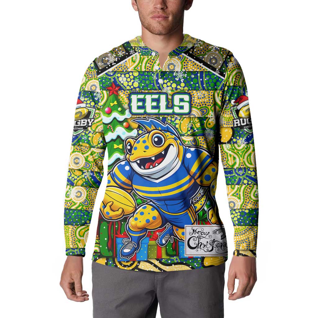 Custom Eels Rugby Merry Christmas Button Sweatshirt Indigenous Australian Art