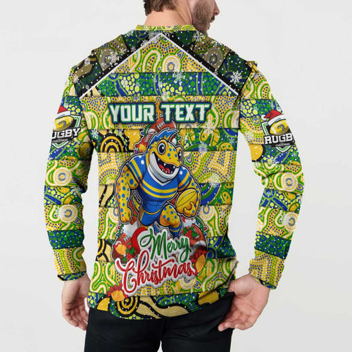 Custom Eels Rugby Merry Christmas Button Sweatshirt Indigenous Australian Art