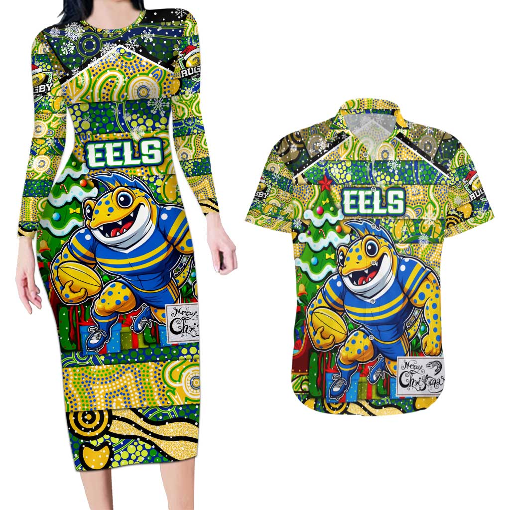 Custom Eels Rugby Merry Christmas Couples Matching Long Sleeve Bodycon Dress and Hawaiian Shirt Indigenous Australian Art