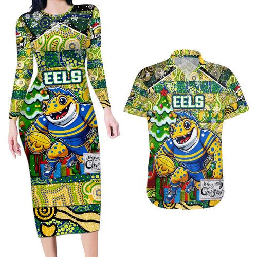 Custom Eels Rugby Merry Christmas Couples Matching Long Sleeve Bodycon Dress and Hawaiian Shirt Indigenous Australian Art