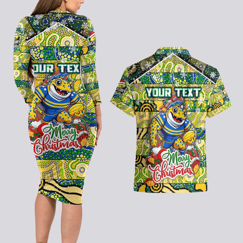 Custom Eels Rugby Merry Christmas Couples Matching Long Sleeve Bodycon Dress and Hawaiian Shirt Indigenous Australian Art