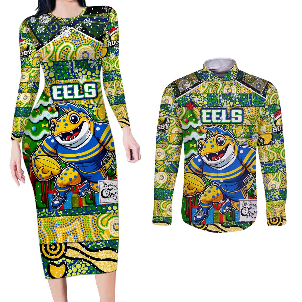 Custom Eels Rugby Merry Christmas Couples Matching Long Sleeve Bodycon Dress and Long Sleeve Button Shirt Indigenous Australian Art