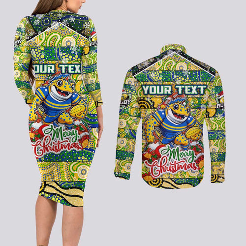 Custom Eels Rugby Merry Christmas Couples Matching Long Sleeve Bodycon Dress and Long Sleeve Button Shirt Indigenous Australian Art